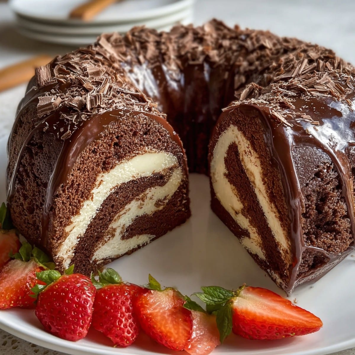Chocolate swirl mousse bundt cake with creamy vanilla center and rich chocolate glaze