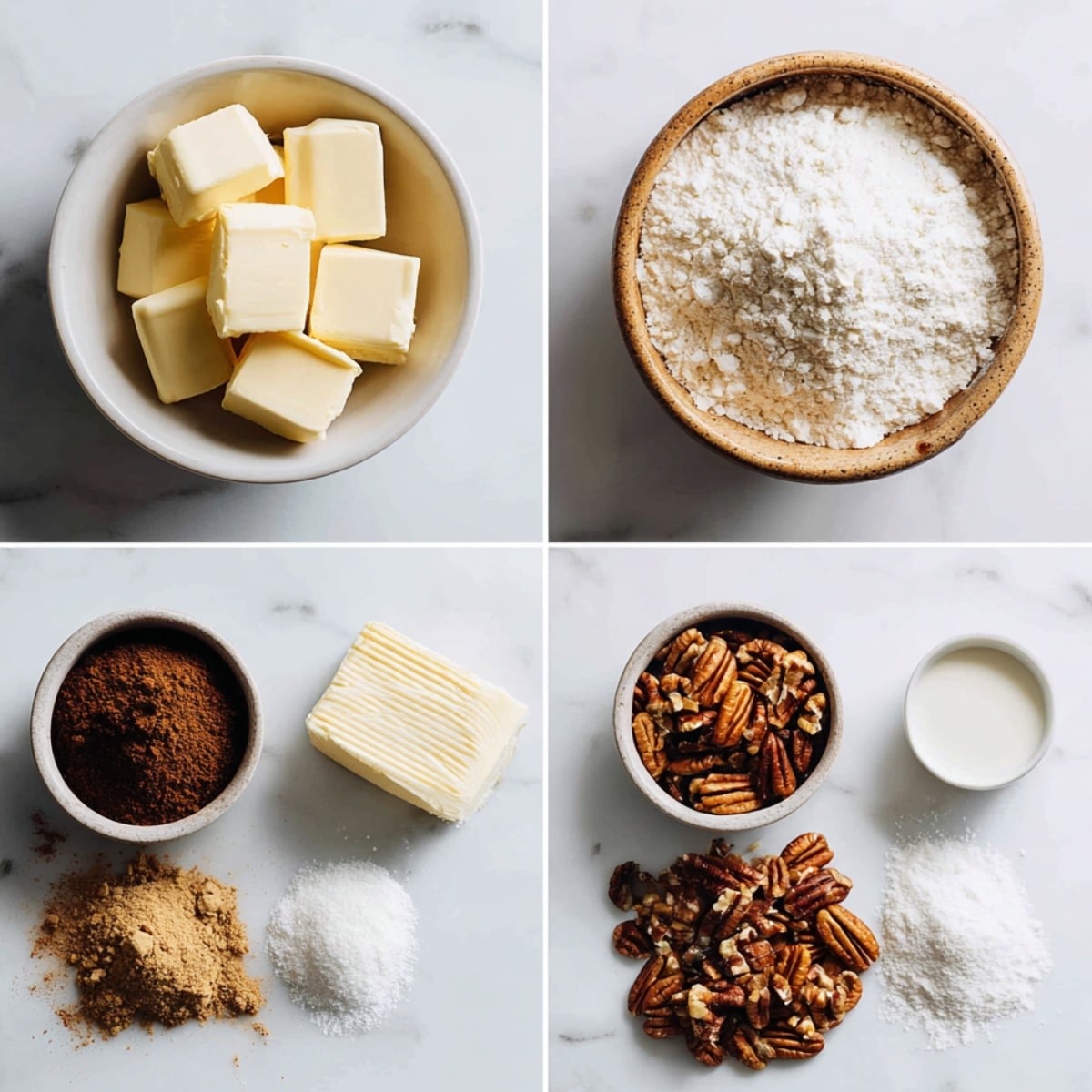 Ingredients for Cinnamon Roll Bliss Bars arranged in a 4-panel flat lay on a white marble kitchen counter.