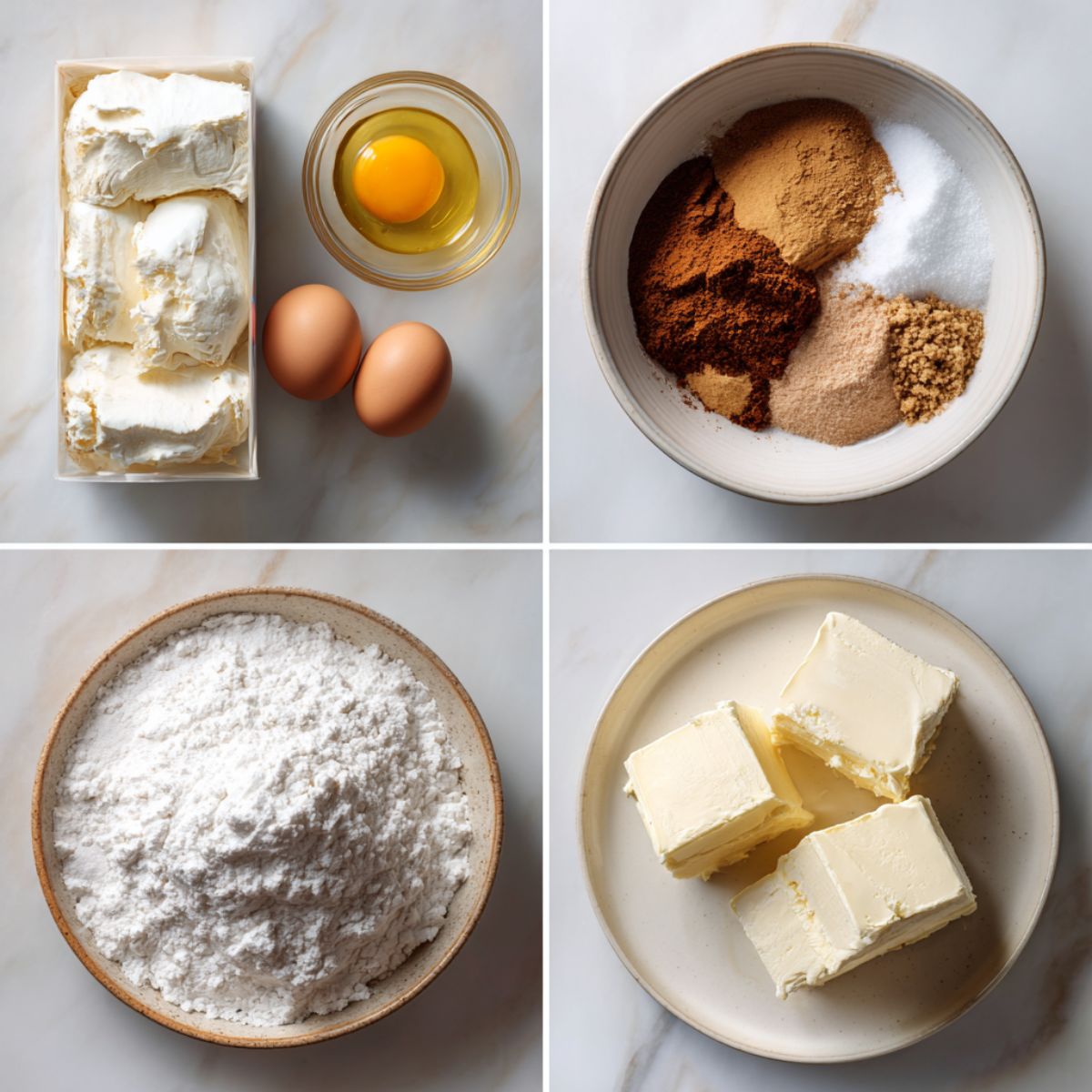 Ingredients for Cinnamon Roll Poke Cake arranged in a 4-panel flat lay on a white marble kitchen counter.