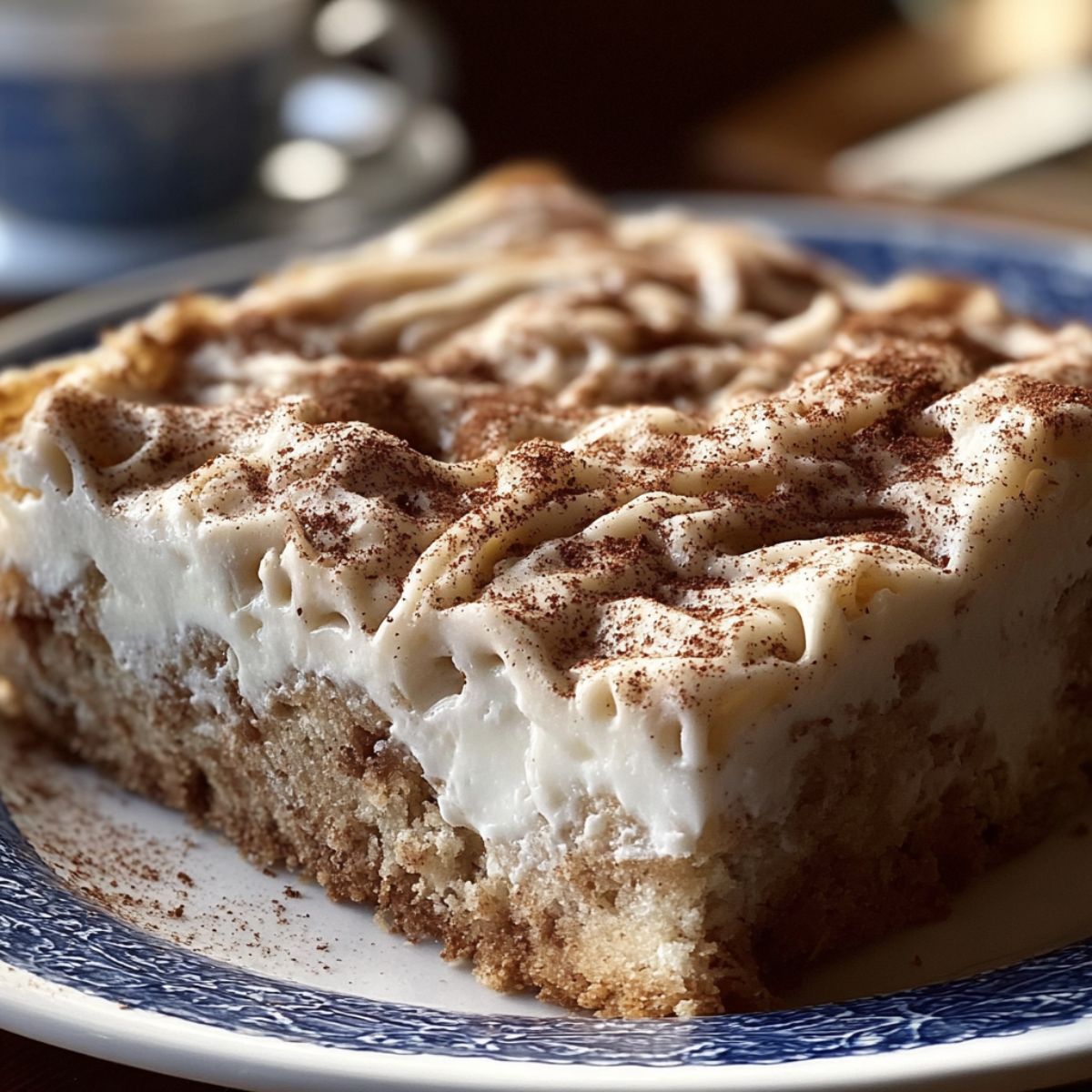 Cinnamon roll poke cake with a moist vanilla cake base, thick cream cheese frosting, and a generous cinnamon swirl topping.