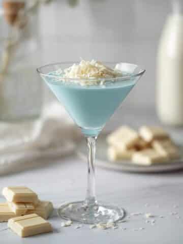 Cloud Nine martini made with white chocolate liqueur and creamy blue cocktail base