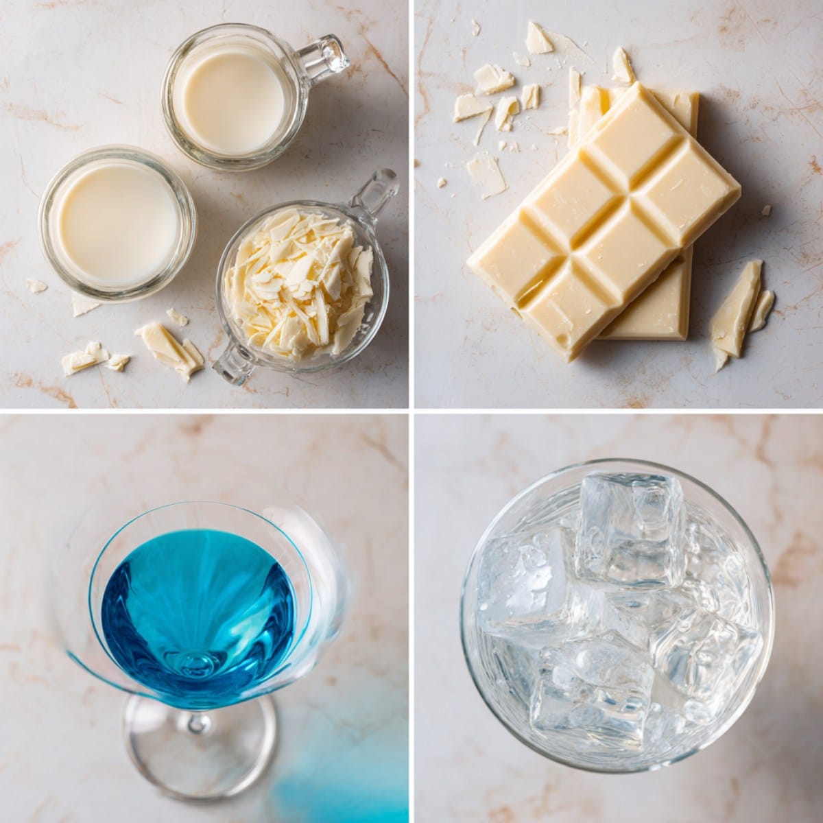 Ingredients for Cloud Nine Martini arranged in a 4-panel flat lay on a white marble kitchen counter.