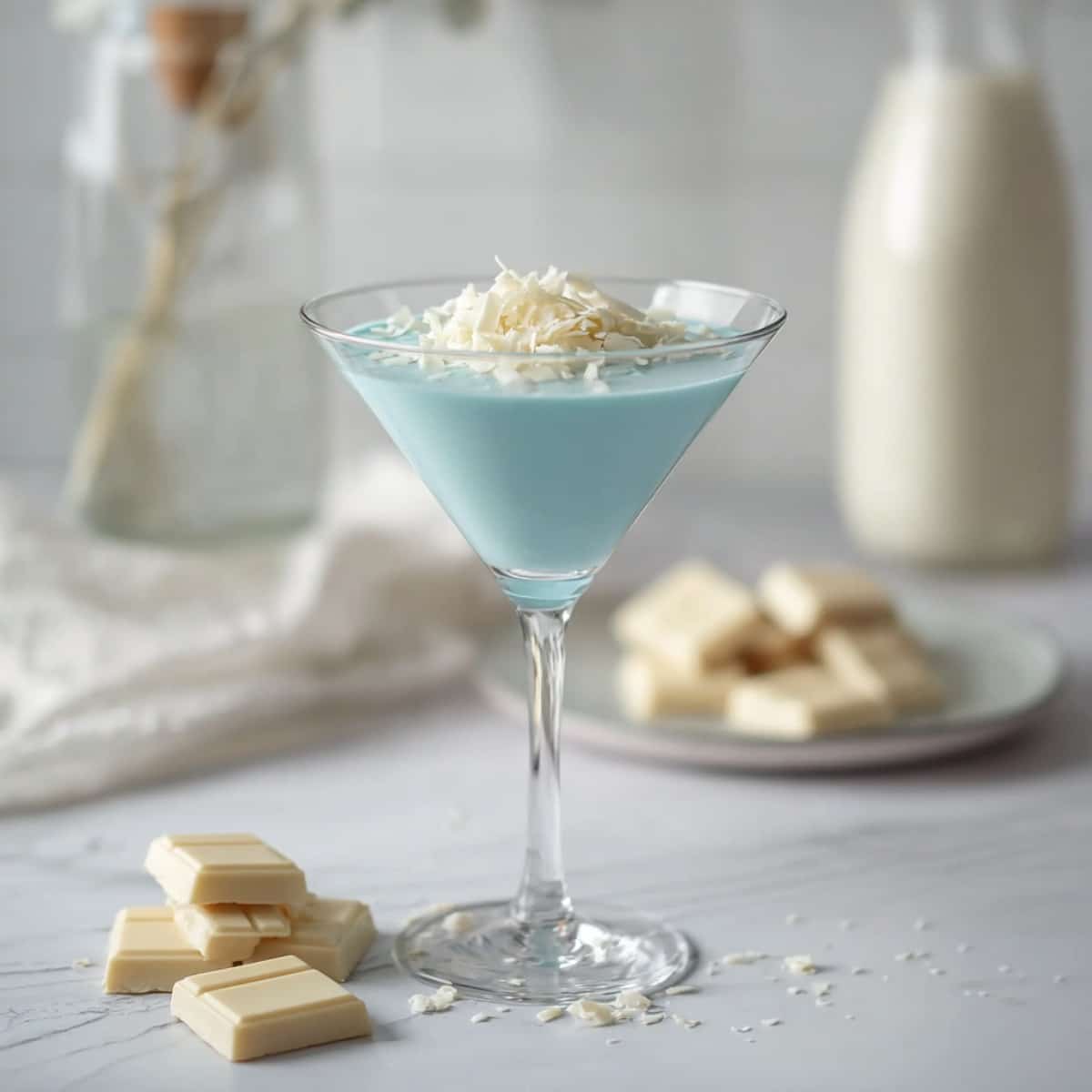 Cloud Nine martini made with white chocolate liqueur and creamy blue cocktail base