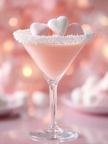 Cottontail martini with pale pink cocktail in a sugar-rimmed glass topped with heart-shaped marshmallows and a soft pink bokeh background