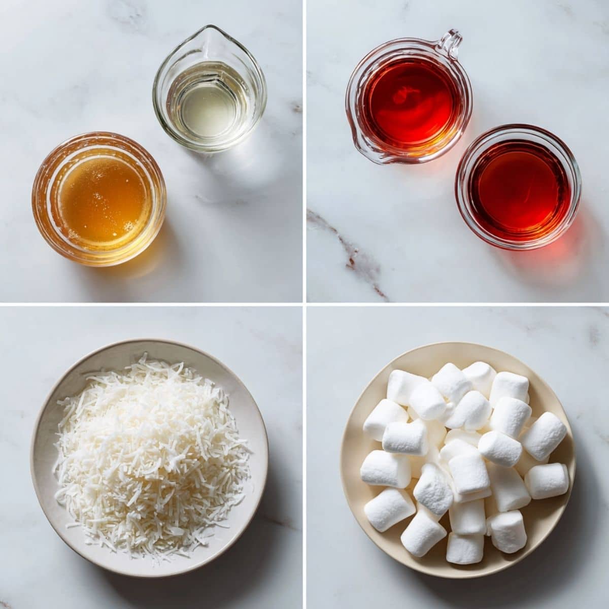 Ingredients for Cottontail Martini arranged in a 4-panel flat lay on a white marble kitchen counter.