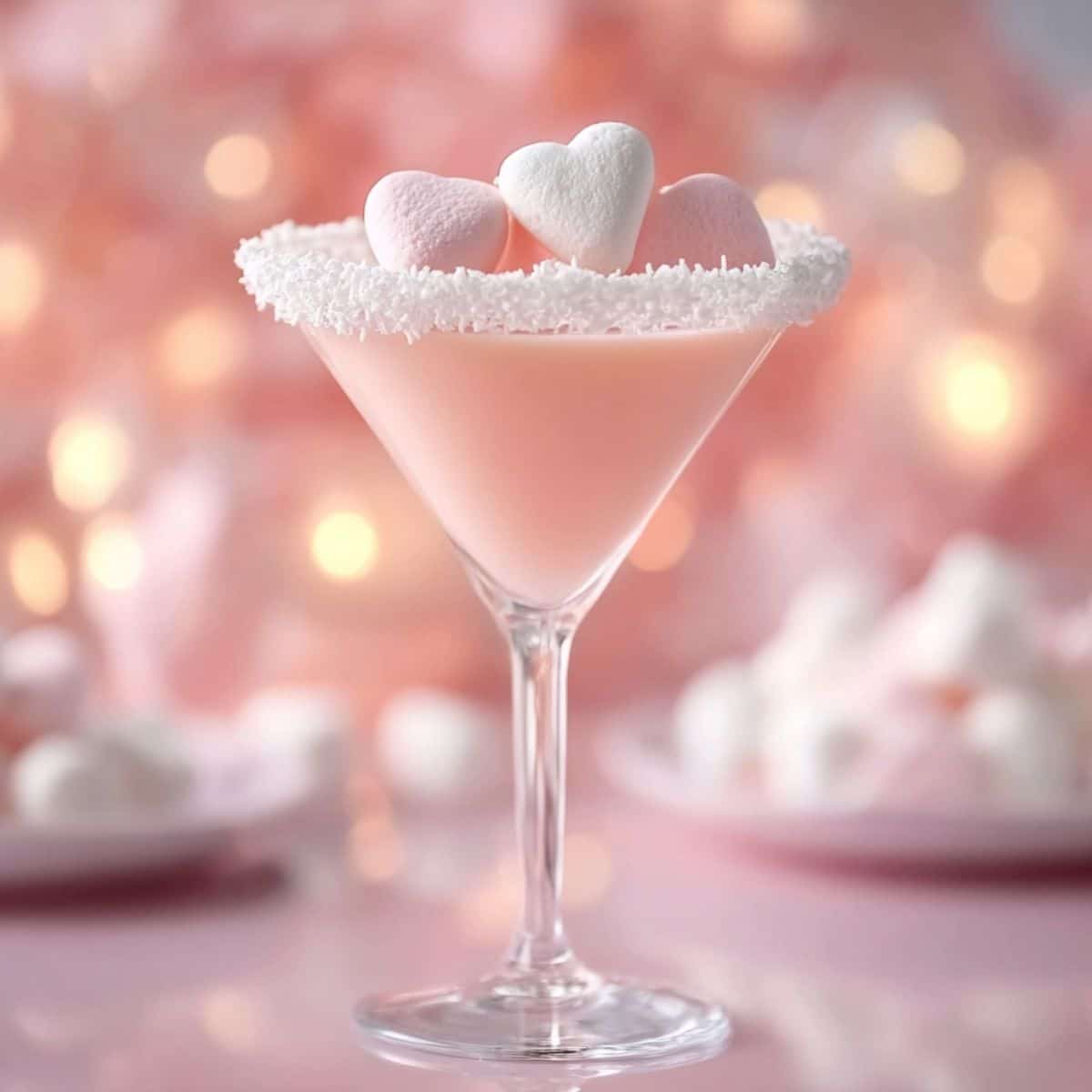 Cottontail martini with pale pink cocktail in a sugar-rimmed glass topped with heart-shaped marshmallows and a soft pink bokeh background