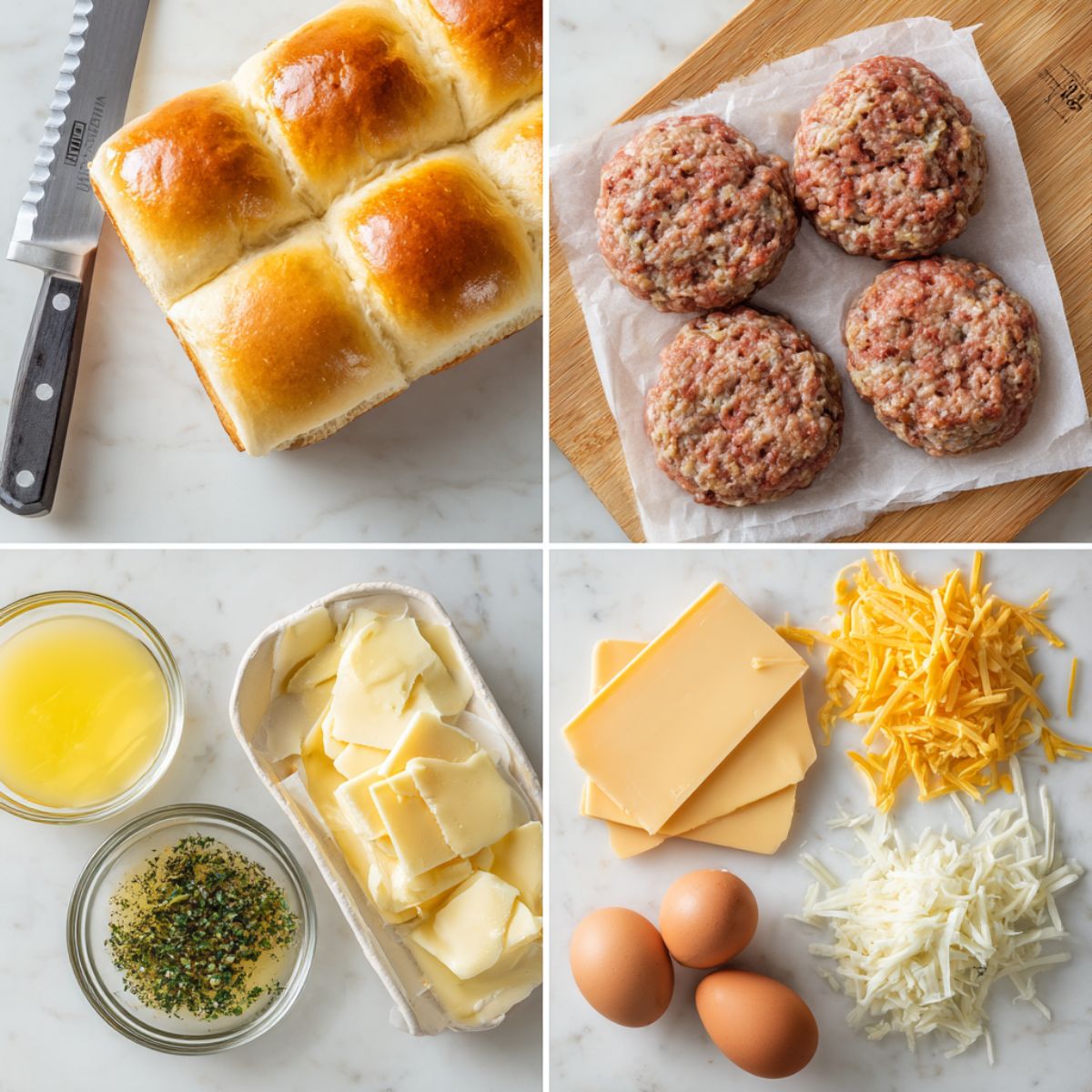 Ingredients for Cowboy Breakfast Sliders arranged in a 4-panel flat lay on a white marble kitchen counter.