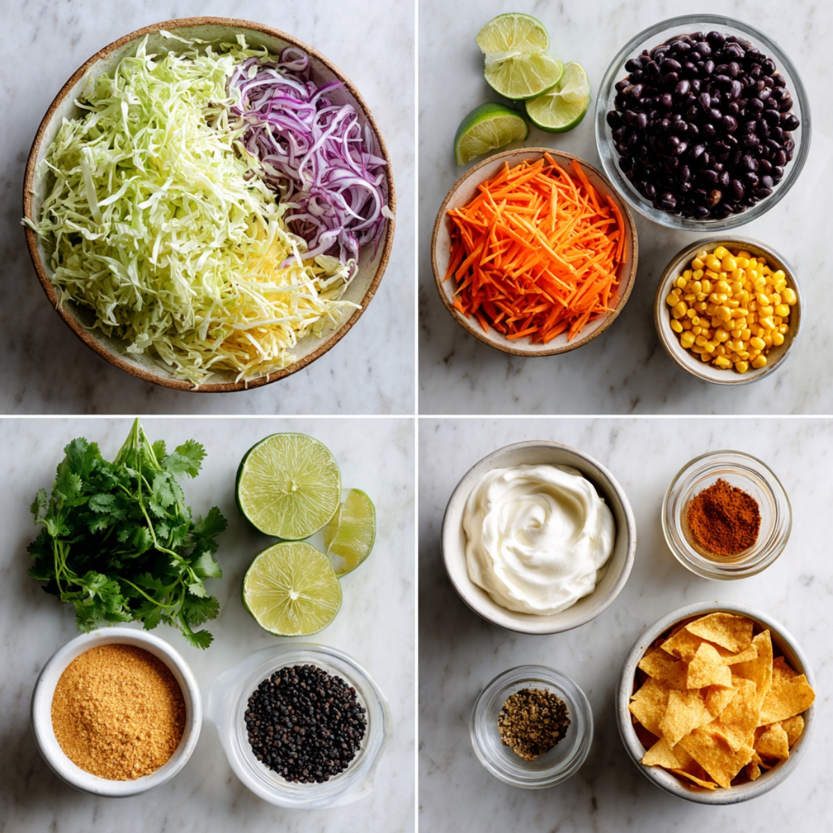 Ingredients for Cowboy Cabbage Salad arranged in a 4-panel flat lay on a white marble kitchen counter.