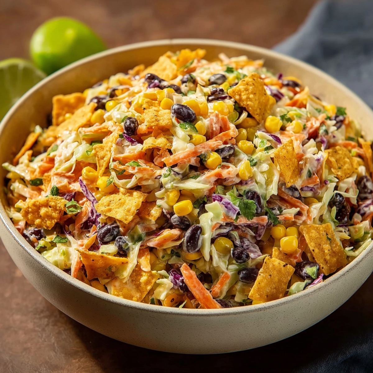 Cowboy Cabbage Salad served in a large white bowl on a wooden surface with fresh limes in the background, featuring shredded cabbage, carrots, corn kernels, black beans, crushed tortilla chips, and cilantro mixed in a creamy dressing