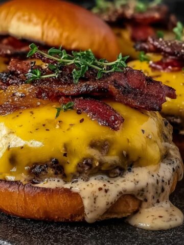 Crack burger with juicy grilled beef patty topped with melted cheddar cheese, crispy bacon strips, and fresh thyme on a toasted bun with creamy ranch dressing oozing out, sprinkled with black pepper and seasoning, with additional burgers visible in the background
