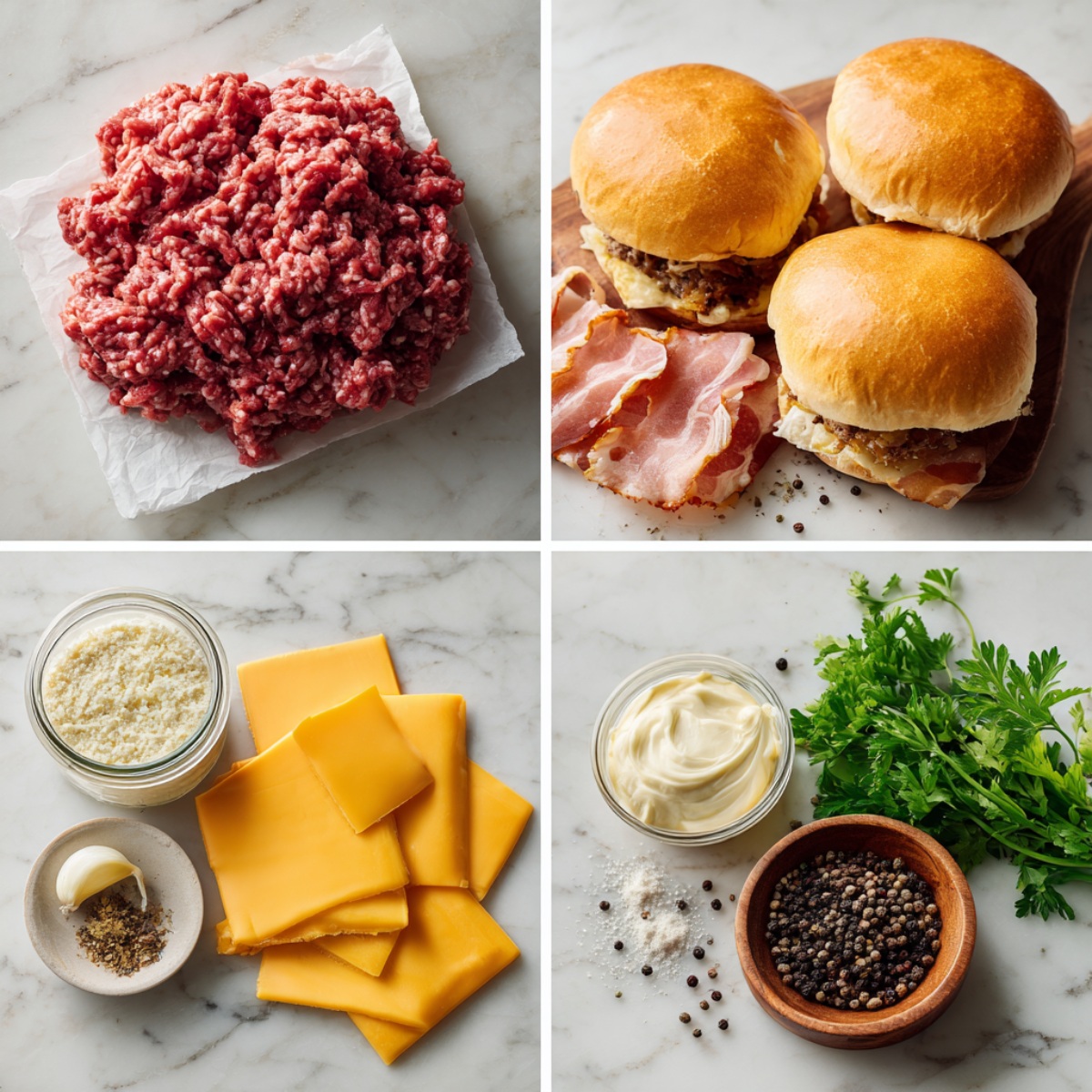Ingredients for Crack Burgers arranged in a 4-panel flat lay on a white marble kitchen counter.