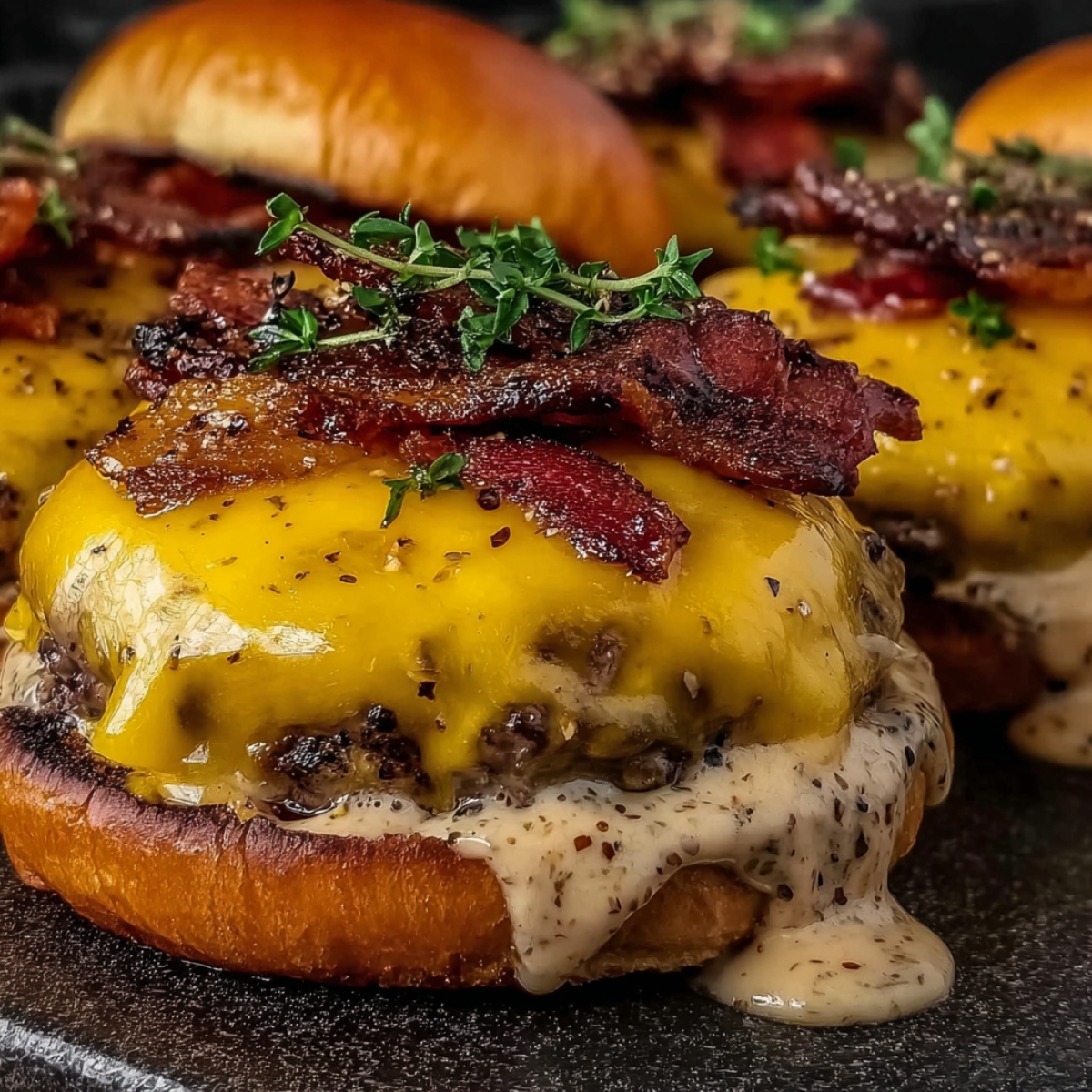 Crack burger with juicy grilled beef patty topped with melted cheddar cheese, crispy bacon strips, and fresh thyme on a toasted bun with creamy ranch dressing oozing out, sprinkled with black pepper and seasoning, with additional burgers visible in the background