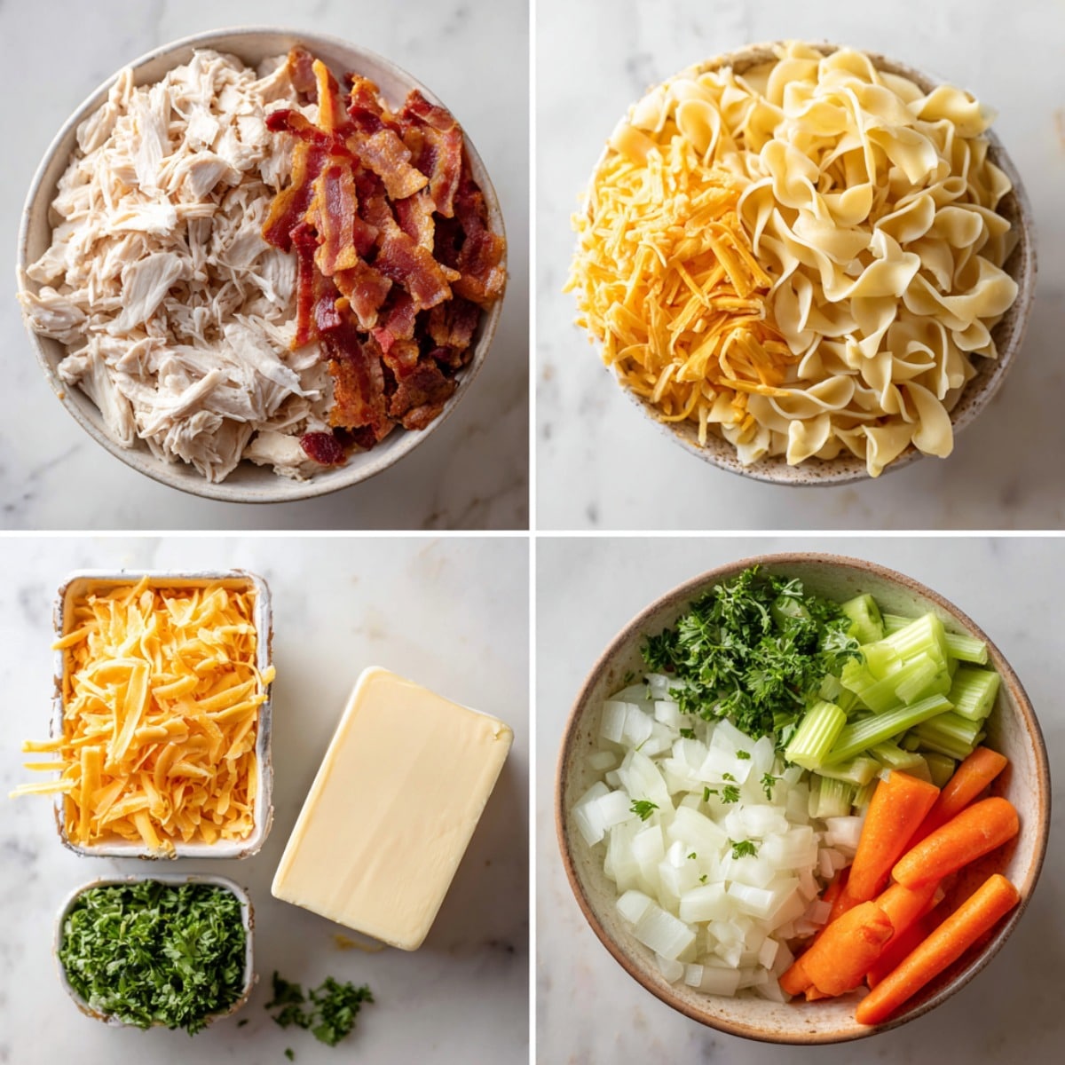 Ingredients for Crack Chicken Noodle Soup arranged in a 4-panel flat lay on a wooden surface.