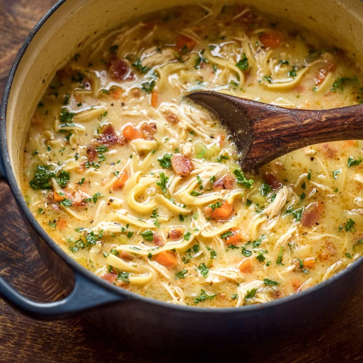 Creamy crack chicken noodle soup simmering in a pot with shredded chicken, bacon, noodles, carrots, and fresh herbs in a rich, comforting broth.