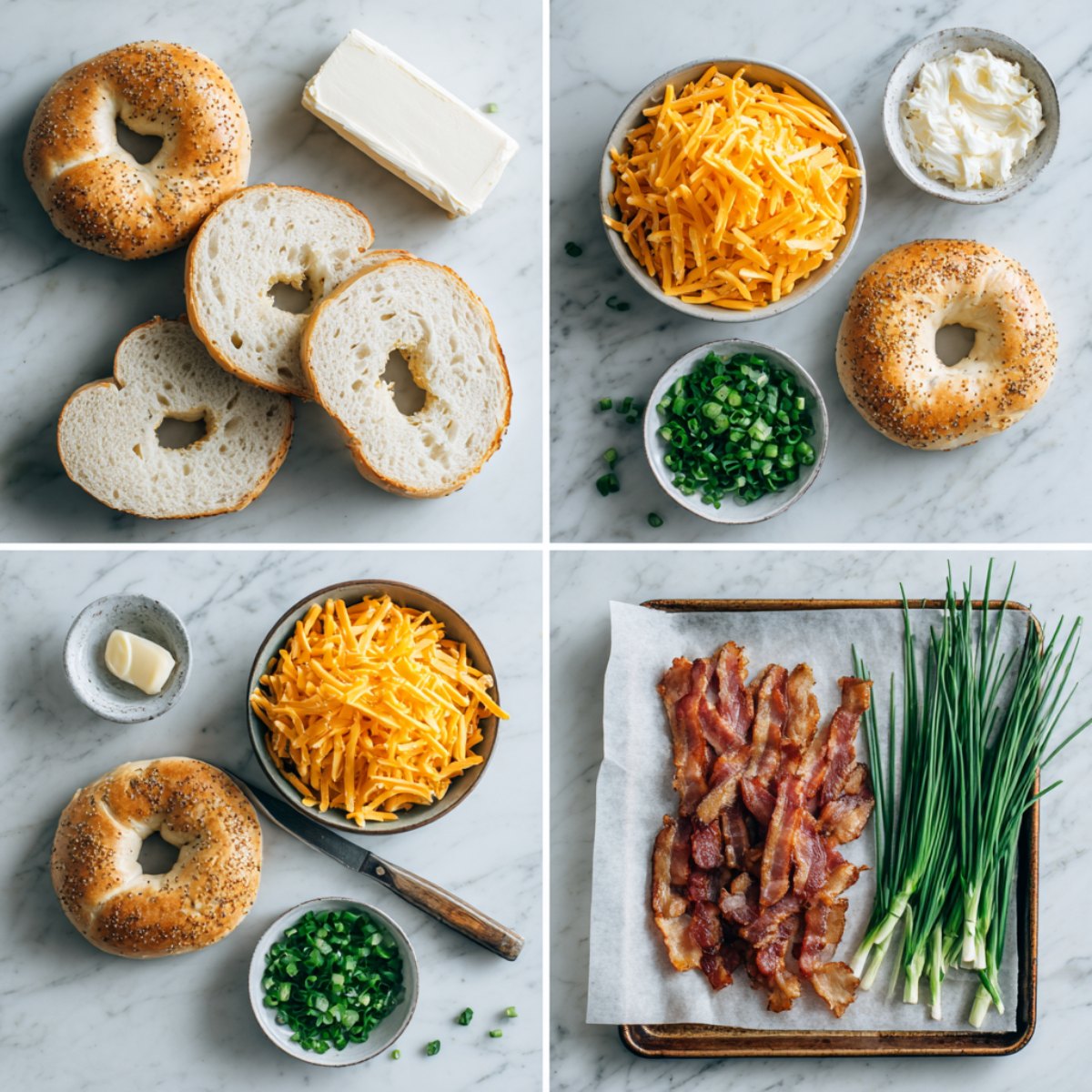 Ingredients for Creamy Bacon Cheddar Bagels arranged in a 4-panel flat lay on a white marble kitchen counter.