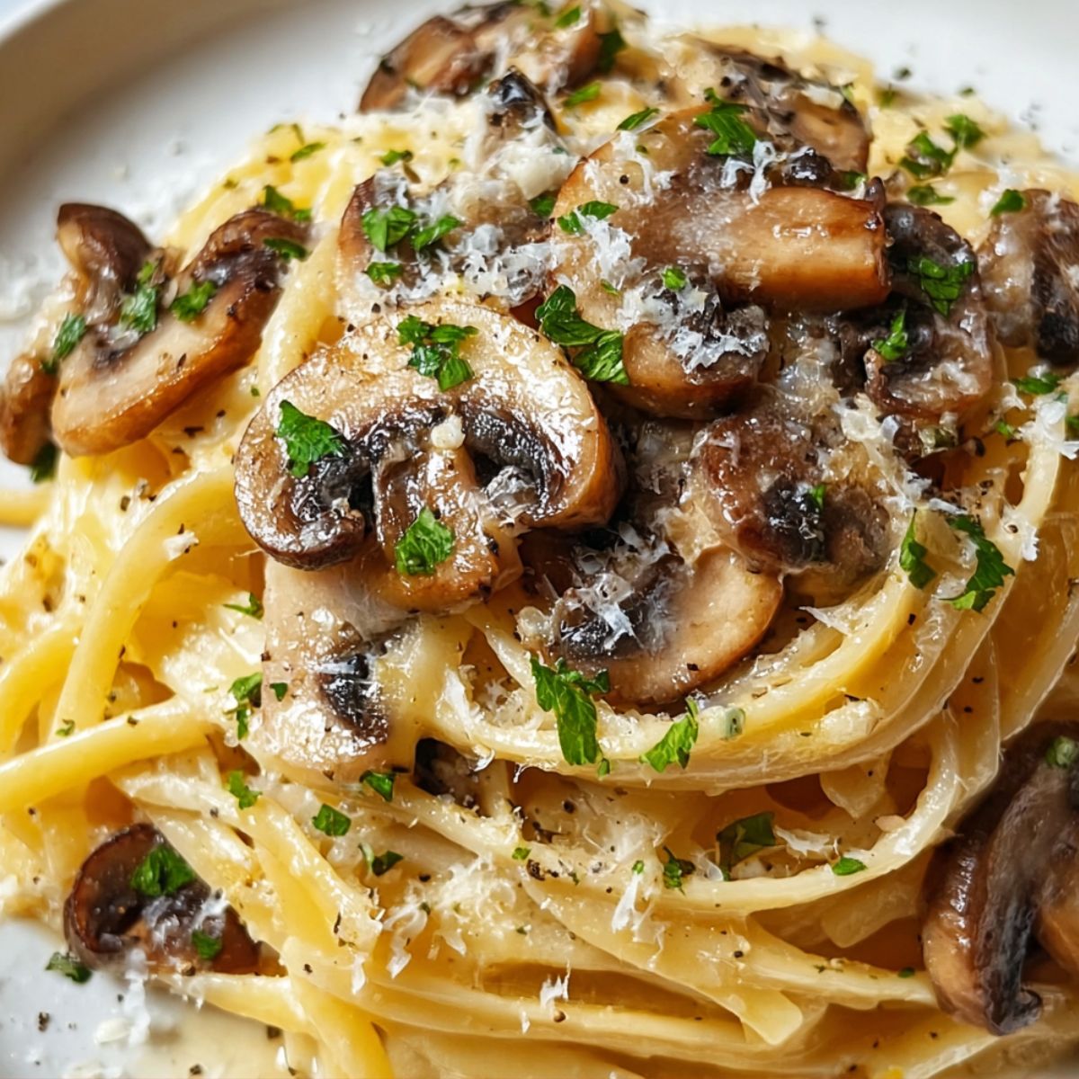 Creamy brown butter mushroom pasta with sautéed mushrooms, grated Parmesan, and fresh herbs served on a white plate