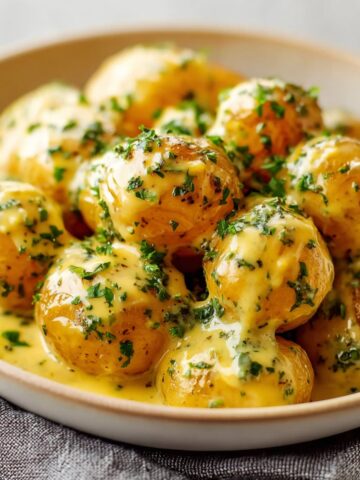 Roasted baby potatoes with golden-brown skins, coated in rich creamy garlic butter sauce, garnished with fresh chopped parsley and black pepper, served on a white plate with sauce pooling at the bottom.