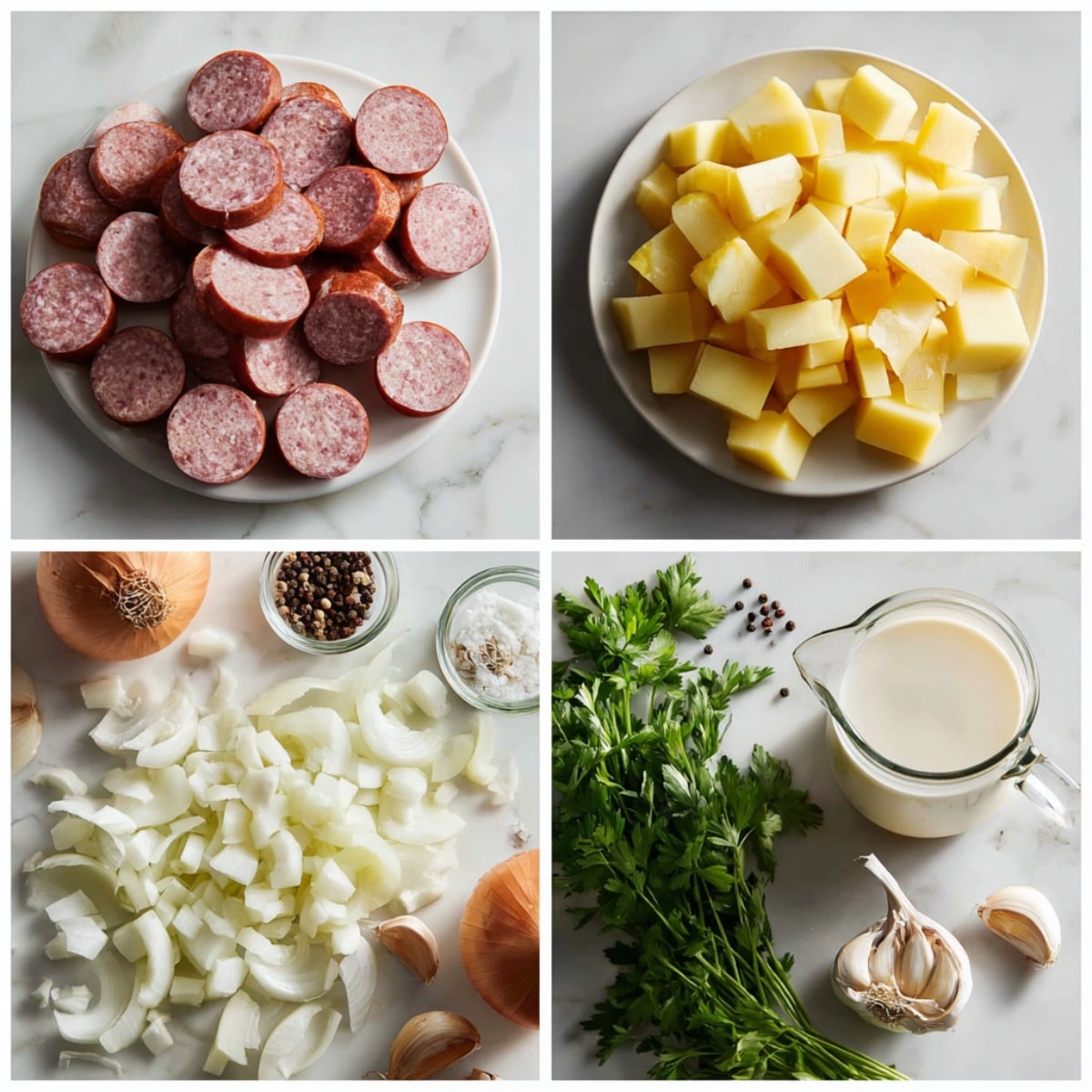 Ingredients for creamy kielbasa potato soup arranged in a 4-panel flat lay on a white marble kitchen counter.
