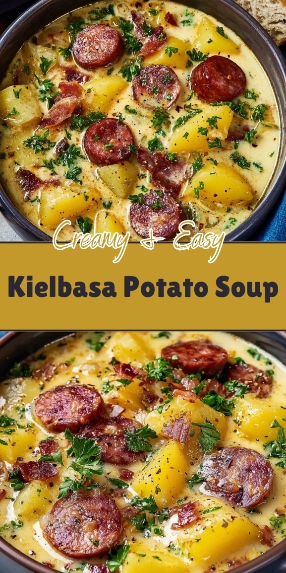 Creamy kielbasa potato soup made with sliced smoked sausage, tender potatoes, crispy bacon, and fresh herbs in a rich, creamy broth, served hot in a rustic pot.