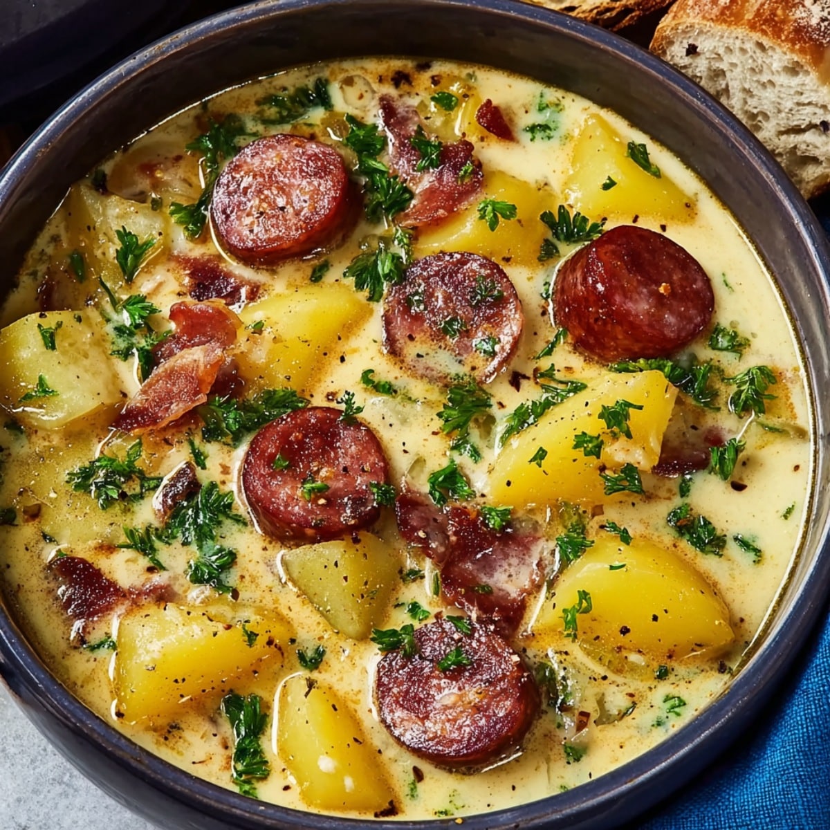 Creamy kielbasa potato soup featuring sliced smoked sausage, tender potato chunks, crispy bacon pieces, and fresh parsley in a rich, velvety broth, served warm with crusty bread on the side.