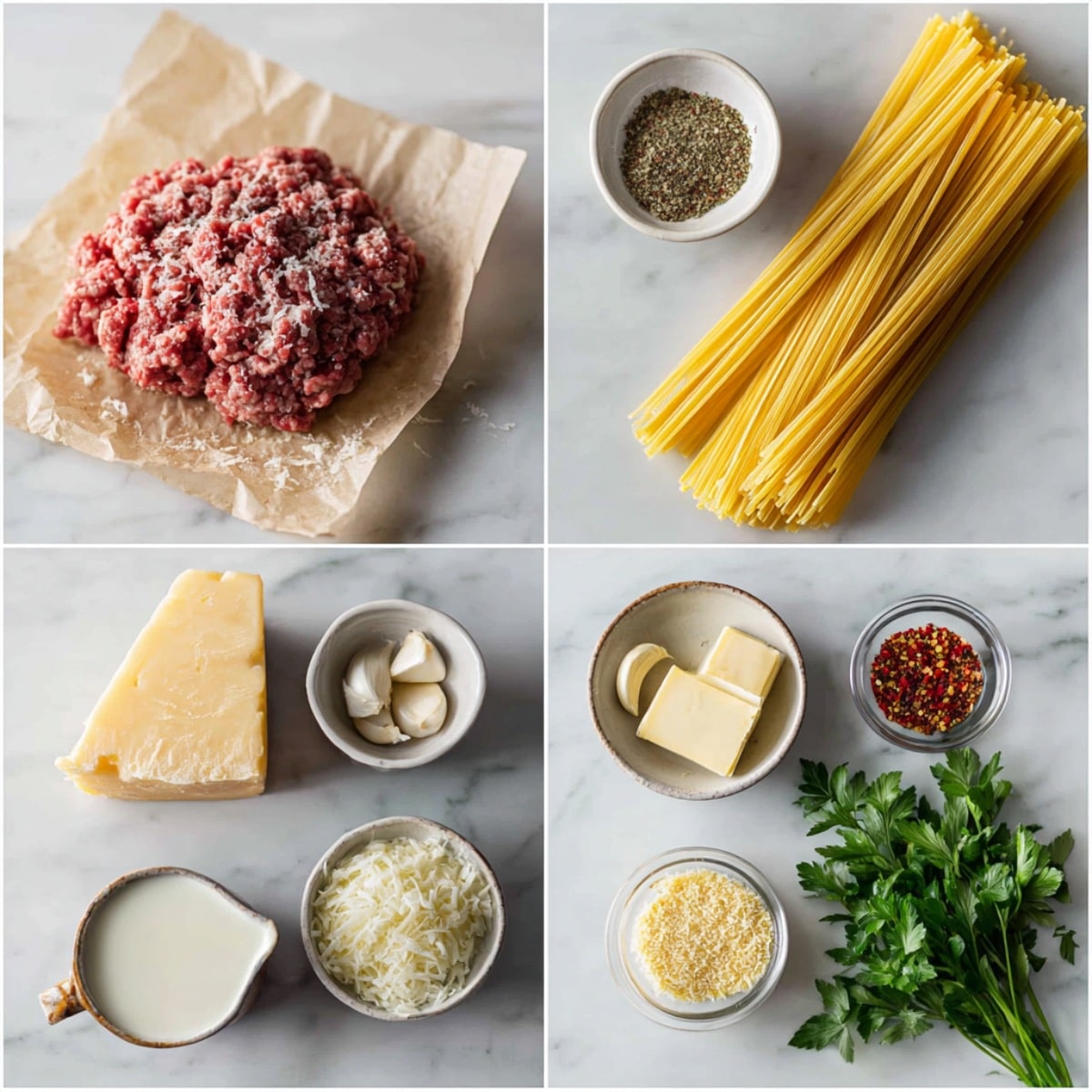 Ingredients for creamy parmesan beef linguine arranged in a 4-panel flat lay on a dark slate kitchen counter.