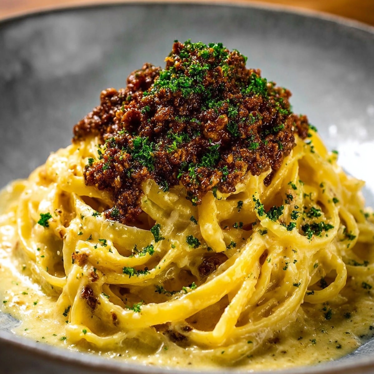 Creamy parmesan beef linguine topped with savory minced beef, silky garlic butter sauce, and fresh parsley, served in a bowl with rich golden noodles coated in cheese sauce.