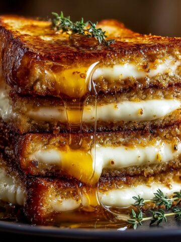 Stack of French toast with layers of melted cheese dripping with honey or maple syrup, garnished with fresh thyme