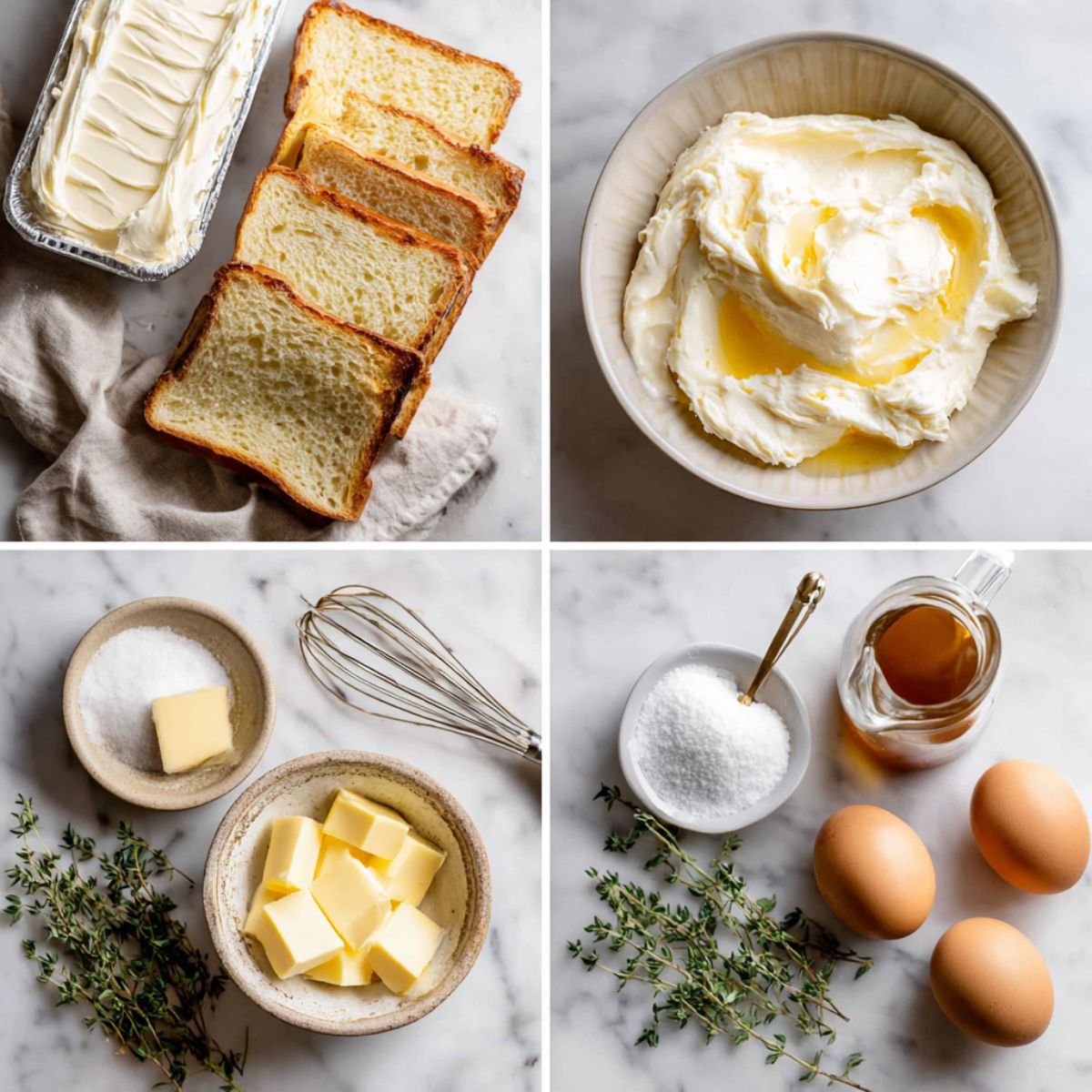 Ingredients for Crème Brûlée French Toast arranged in a 4-panel flat lay on a white marble kitchen counter.