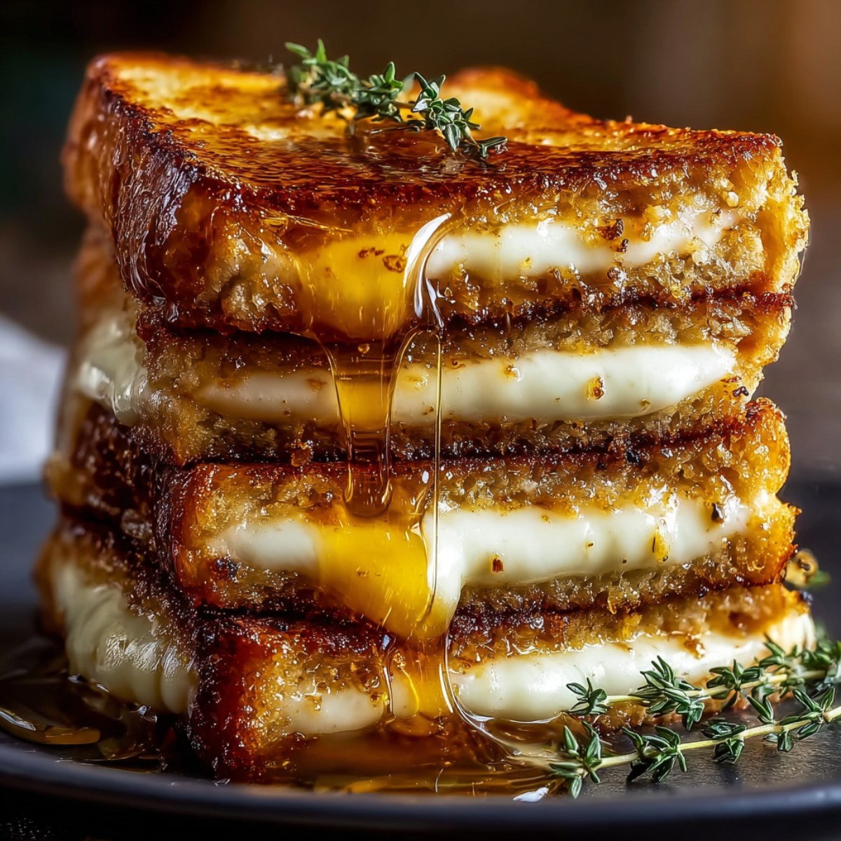 Stack of French toast with layers of melted cheese dripping with honey or maple syrup, garnished with fresh thyme