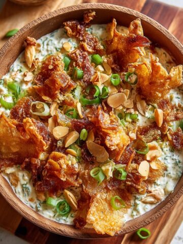 Crispy smashed potato salad served in a rustic wooden bowl with ultra-crispy roasted smashed potatoes over creamy herb-flecked dressing, garnished with crispy bacon bits, toasted sliced almonds, and fresh sliced green onions on a wooden board