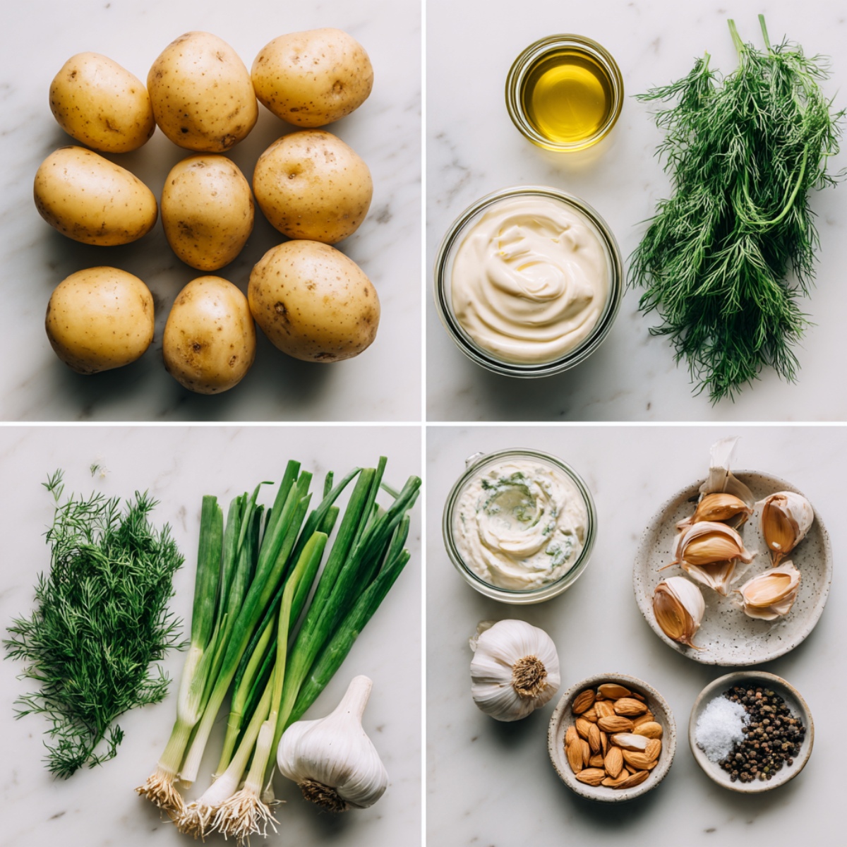 Ingredients for Crispy Smashed Potato Salad arranged in a 4-panel flat lay on a white marble kitchen counter.