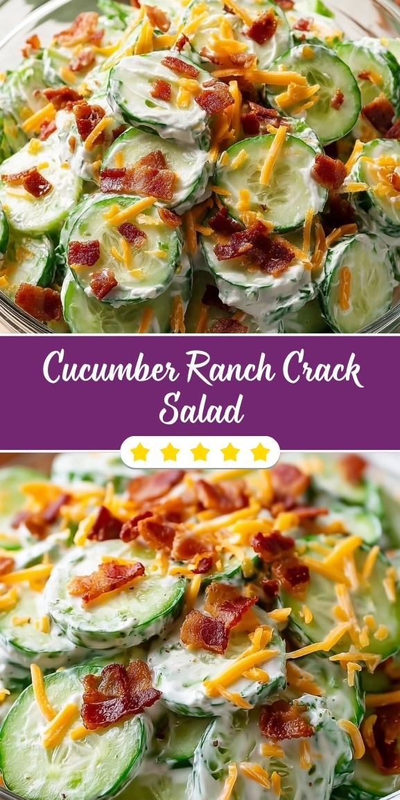Cucumber ranch crack salad made with sliced cucumbers tossed in creamy ranch dressing, topped with crispy bacon and shredded cheddar cheese