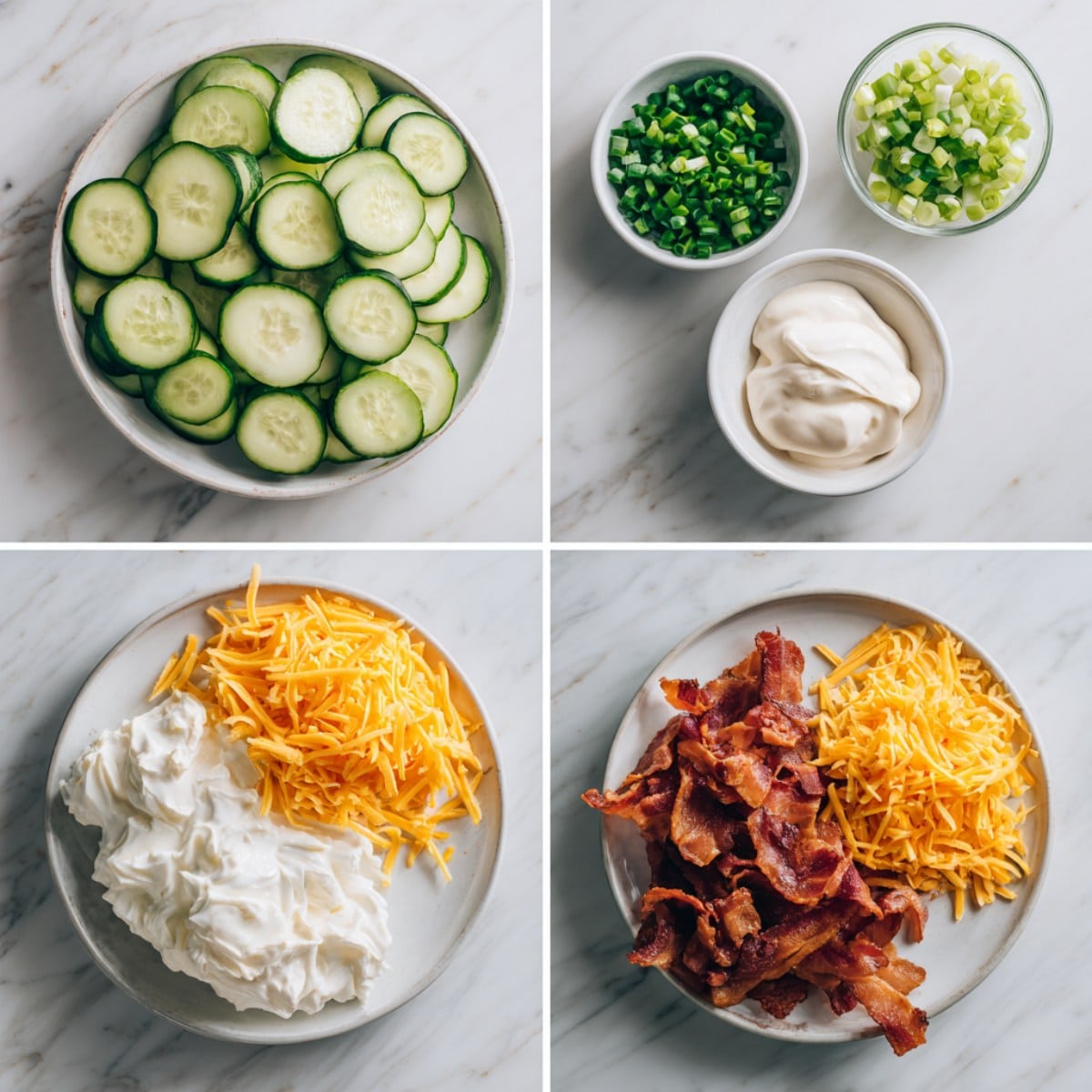 Ingredients for cucumber ranch crack salad arranged in a 4-panel flat lay on a white marble kitchen counter.