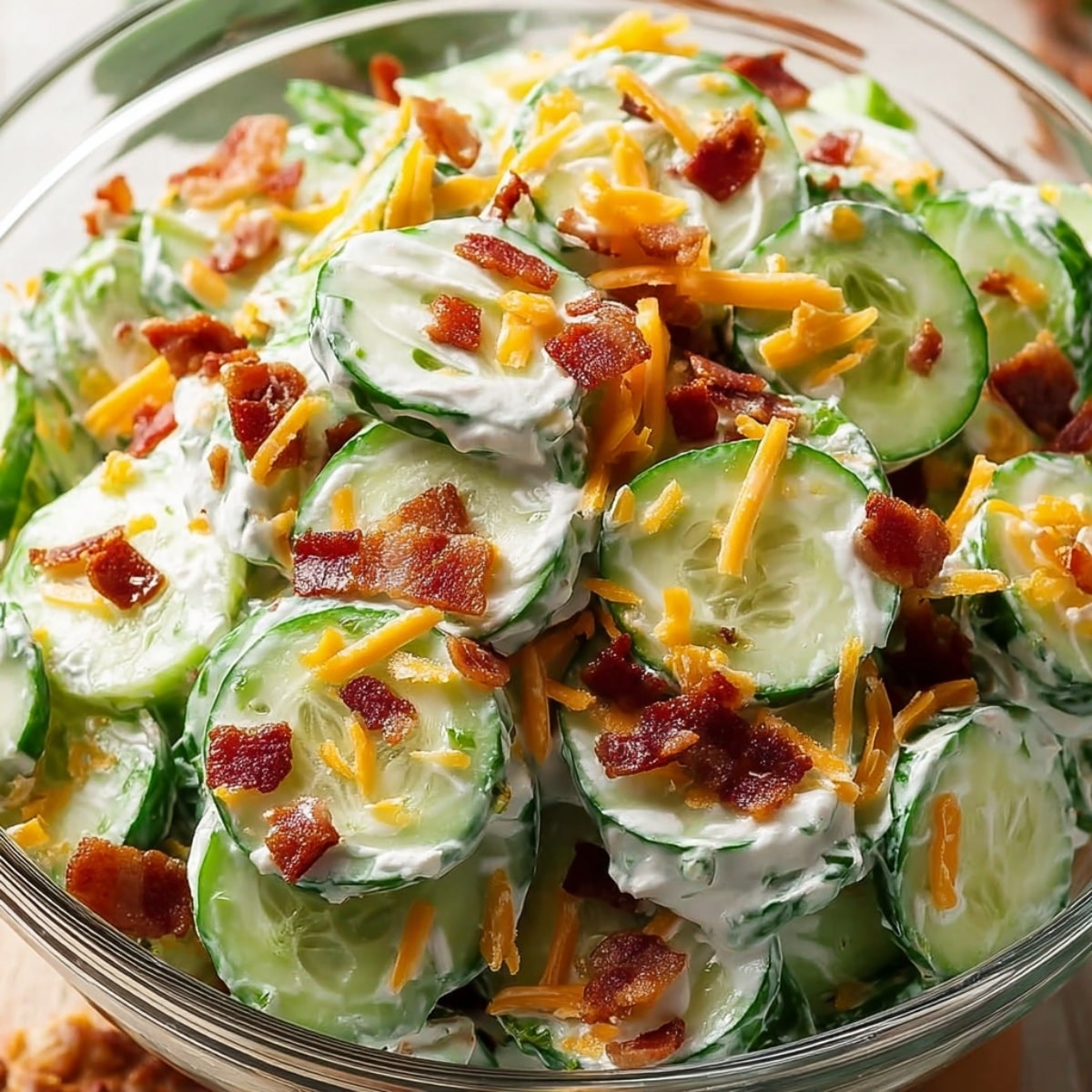 Cucumber ranch crack salad with fresh cucumber slices coated in creamy ranch dressing, topped with crispy bacon bits and shredded cheddar cheese