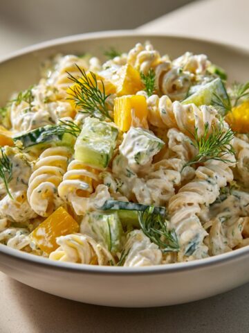 A close-up, appetizing view of a beige bowl filled with creamy dill pickle pasta salad. The dish features rotini pasta coated in a white dressing, mixed with chunks of green pickles (or cucumbers) and cubed yellow cheese, all garnished with fresh sprigs of green dill.