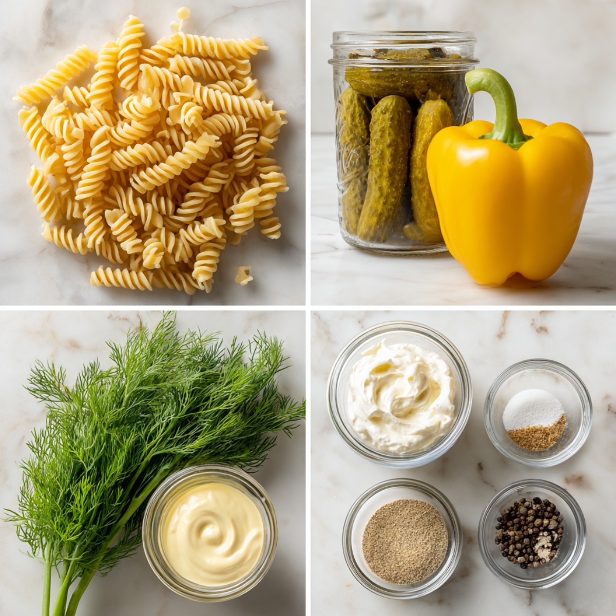 Ingredients for Dill Pickle Pasta Salad arranged in a 4-panel flat lay on a white marble kitchen counter.