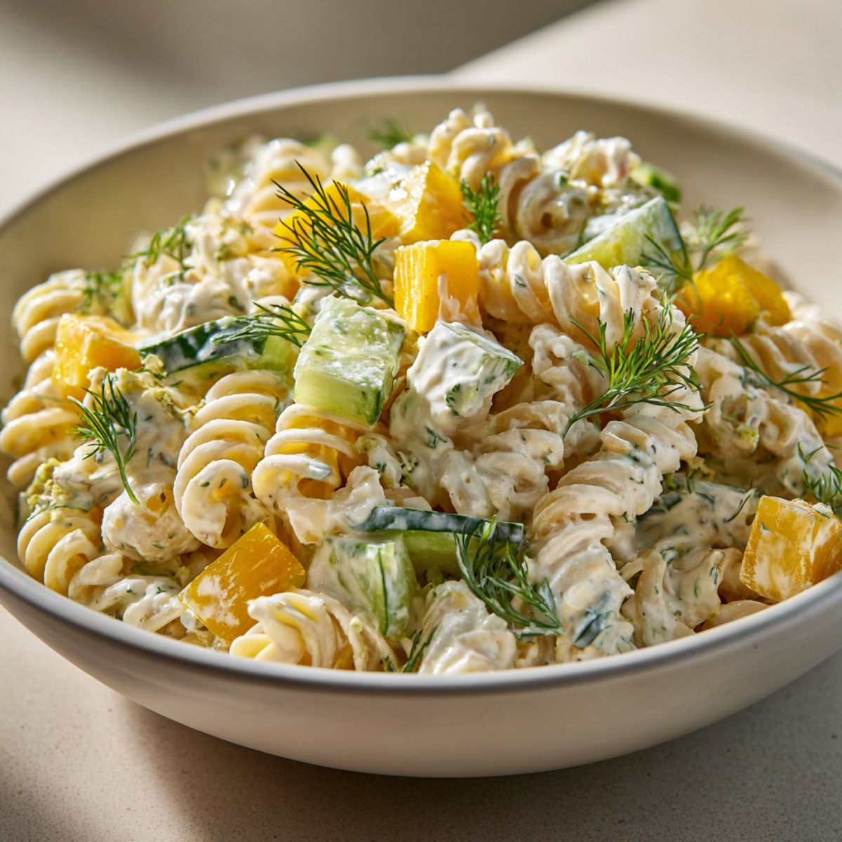 A close-up, appetizing view of a beige bowl filled with creamy dill pickle pasta salad. The dish features rotini pasta coated in a white dressing, mixed with chunks of green pickles (or cucumbers) and cubed yellow cheese, all garnished with fresh sprigs of green dill.