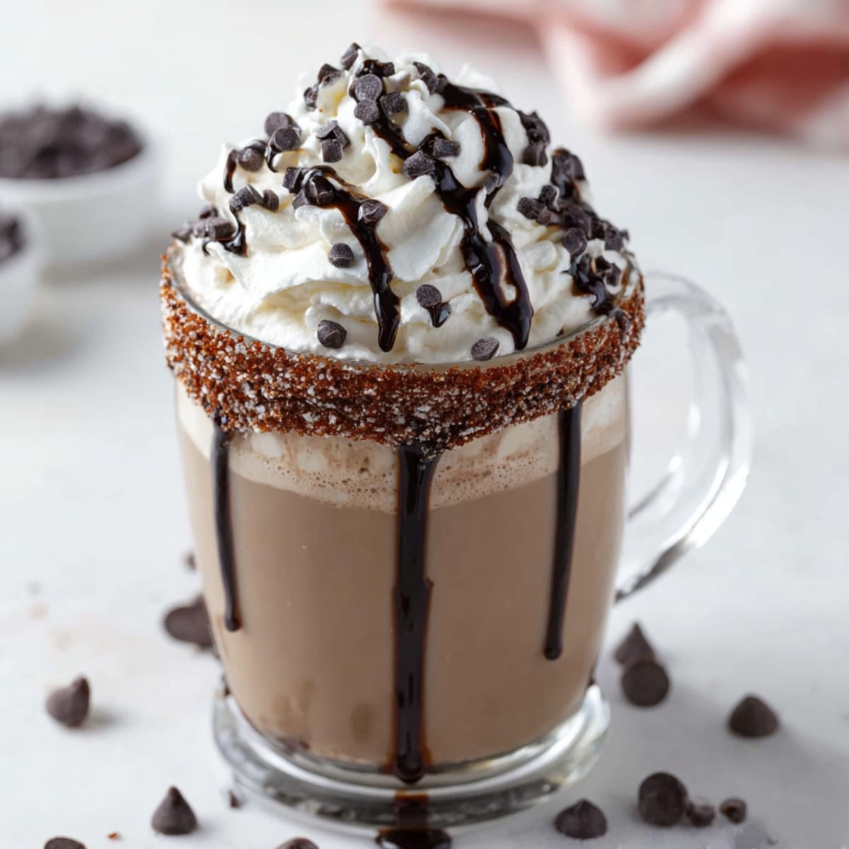 Dirty Snowman hot chocolate in a clear glass mug with a cinnamon-sugar rim, topped with fluffy whipped cream, chocolate drizzle, and mini chocolate chips.