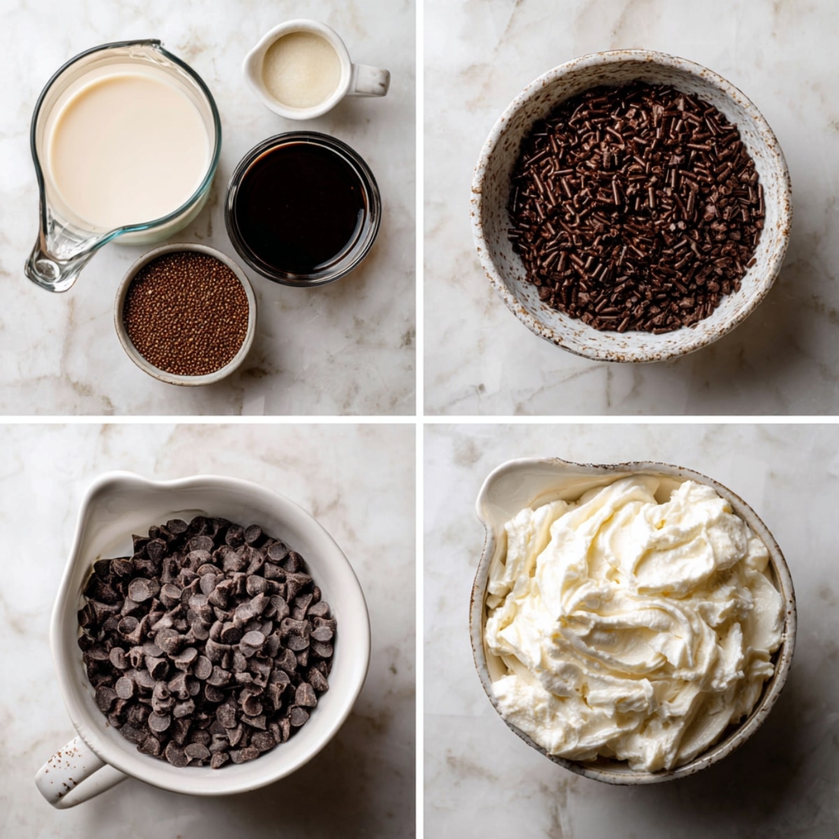 Ingredients for French hot chocolate arranged in a 4-panel flat lay on a white marble kitchen counter.