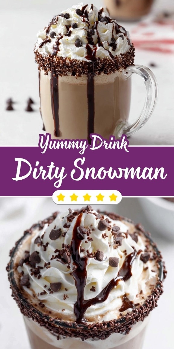 Dirty Snowman hot chocolate in a glass mug with whipped cream, chocolate drizzle, mini chocolate chips, and a chocolate sprinkle–rimmed edge.