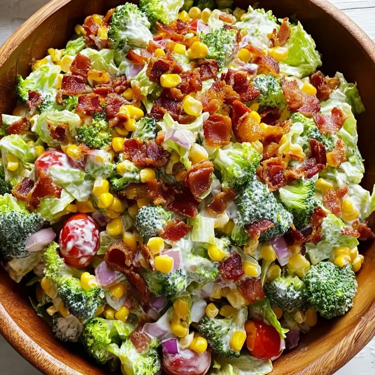 Easy bacon ranch chopped salad in a wooden bowl with crispy bacon pieces, broccoli florets, chopped iceberg lettuce, sweet corn, diced red onions, cherry tomatoes, and creamy ranch dressing