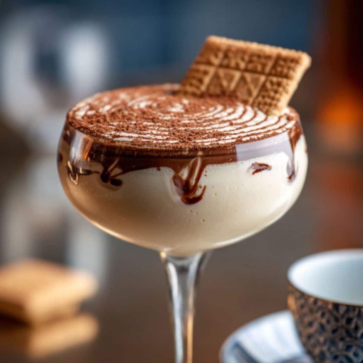 Easy Baileys tiramisu martini in a coupe glass with chocolate drizzle, cocoa-dusted foam, and a rectangular wafer cookie garnish on top.