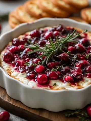 Easy baked cranberry cream cheese dip topped with sweet cranberry sauce and fresh rosemary, served warm with toasted bread slices.
