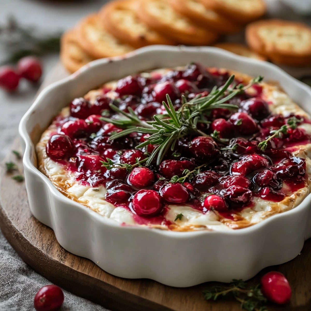 Easy baked cranberry cream cheese dip topped with sweet cranberry sauce and fresh rosemary, served warm with toasted bread slices.