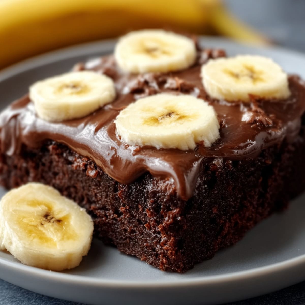 Banana brownie square topped with smooth chocolate frosting and fresh banana slices, shown on a plate with a moist, fudgy texture.