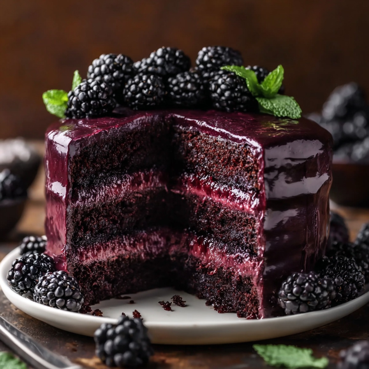 A dark, three-layer black velvet cake with a slice removed, revealing rich purple-red fruit filling and dark cocoa layers, topped with fresh blackberries and mint leaves.