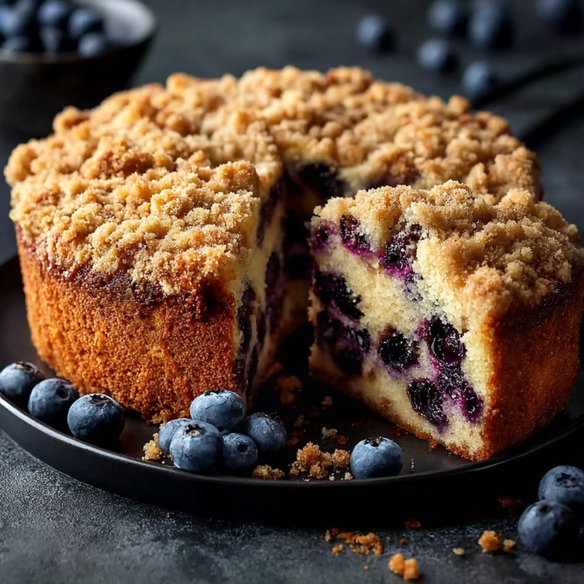 Blueberry coffee cake with a golden crumb topping and moist vanilla cake studded with fresh blueberries, sliced open to show the soft interior on a dark plate.