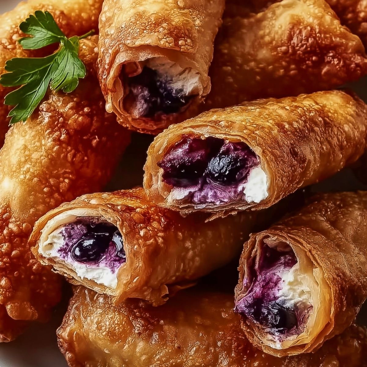 Golden blueberry cream cheese egg rolls with crispy shells and creamy cheesecake filling bursting with blueberries, close-up food shot