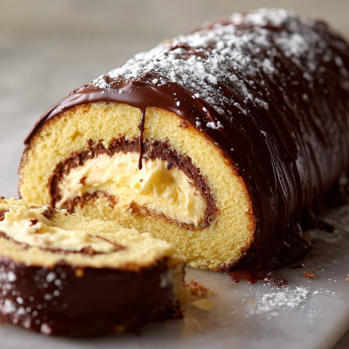 Boston cream roll cake sliced to show fluffy vanilla sponge rolled with creamy custard filling and chocolate ganache topping, lightly dusted with powdered sugar.