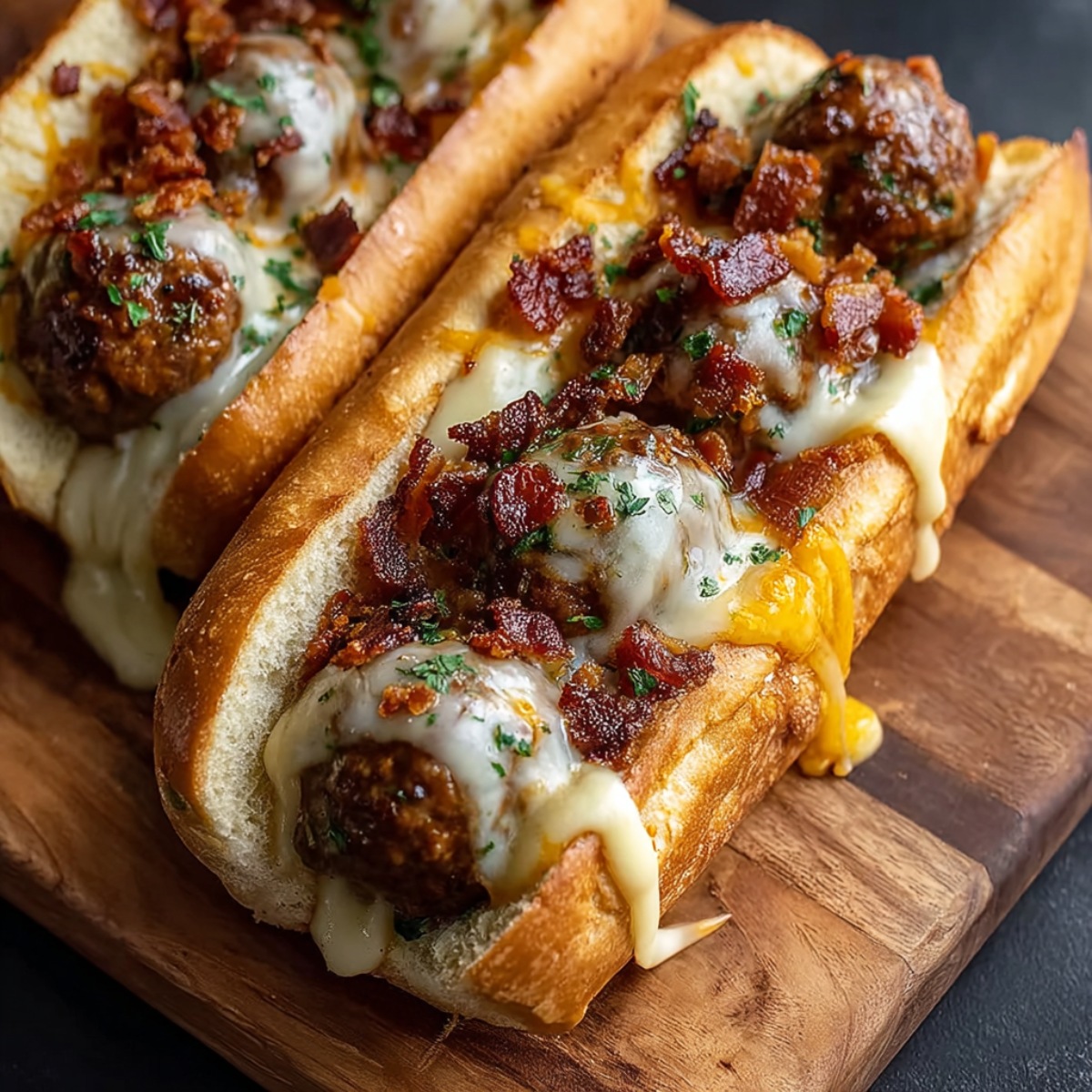 A vertical Pinterest graphic featuring two toasted sub sandwiches loaded with large meatballs, melted white cheese, and a generous topping of crispy bacon bits and parsley.